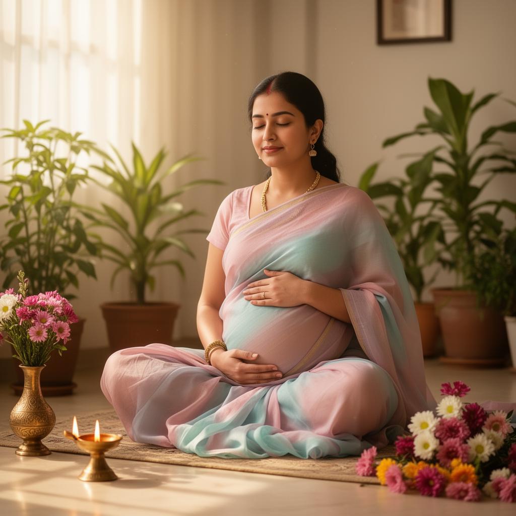 Indian woman practising Garbh Sanskar inspired meditation